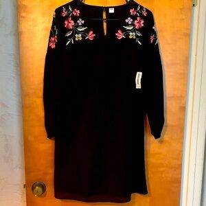 Old Navy L/S Black Dress with Pink/Yellow/Green Floral Embroidery w/Black Liner